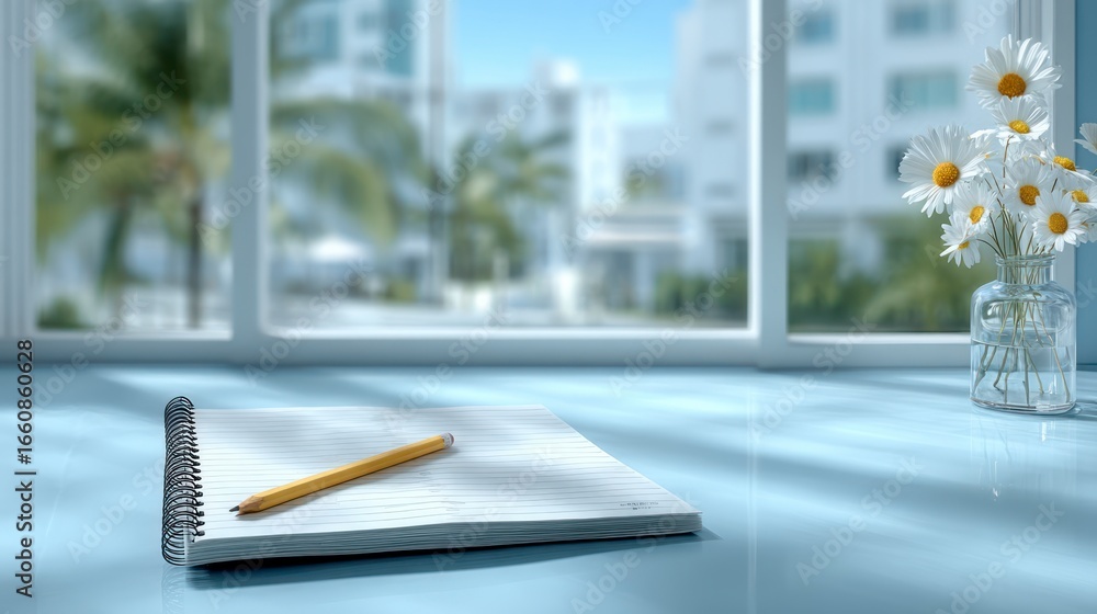 Poster open spiral notebook with pencil on desk daisies in glass vase blurred building and palm trees view 
