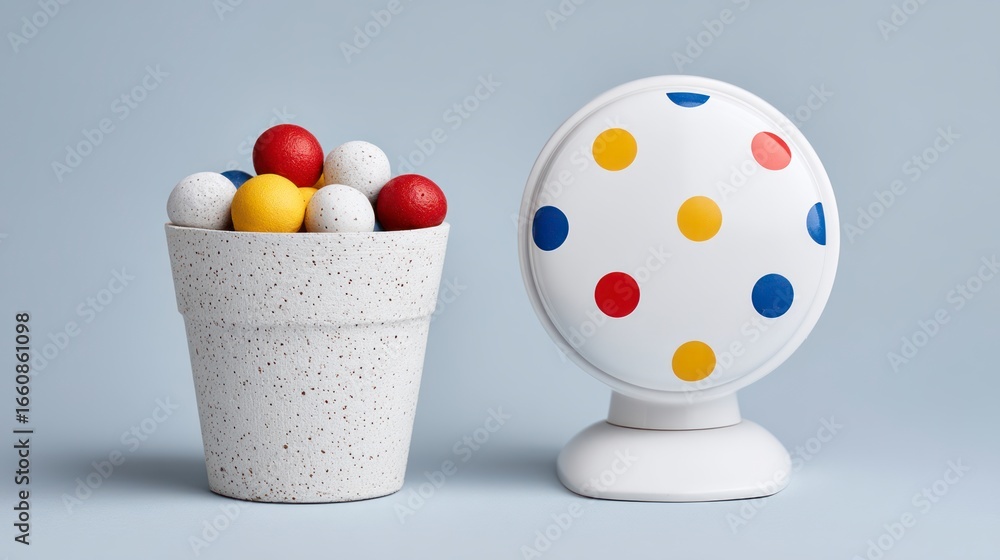 Poster a speckled pot filled with red white and yellow balls next to a white circular object with colorful 