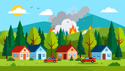 Naklejka premium houses on fire in the forest.
