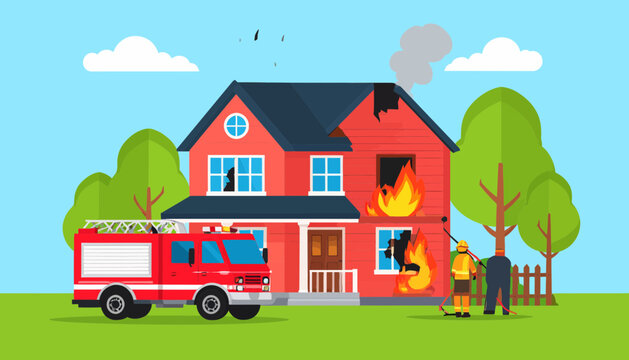 Firefighters responding to house fire emergency.