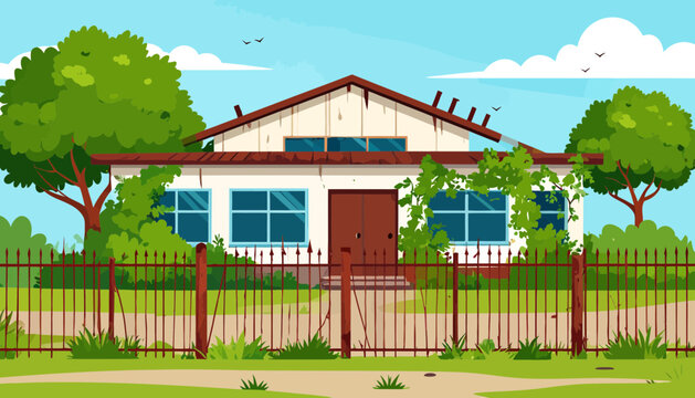 A cartoon house with a fenced yard.