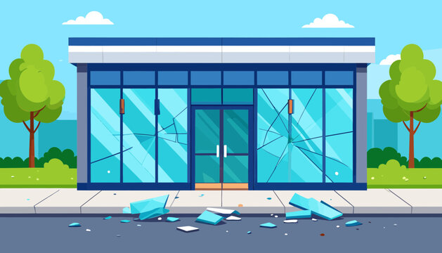 A storefront with broken glass on sidewalk.