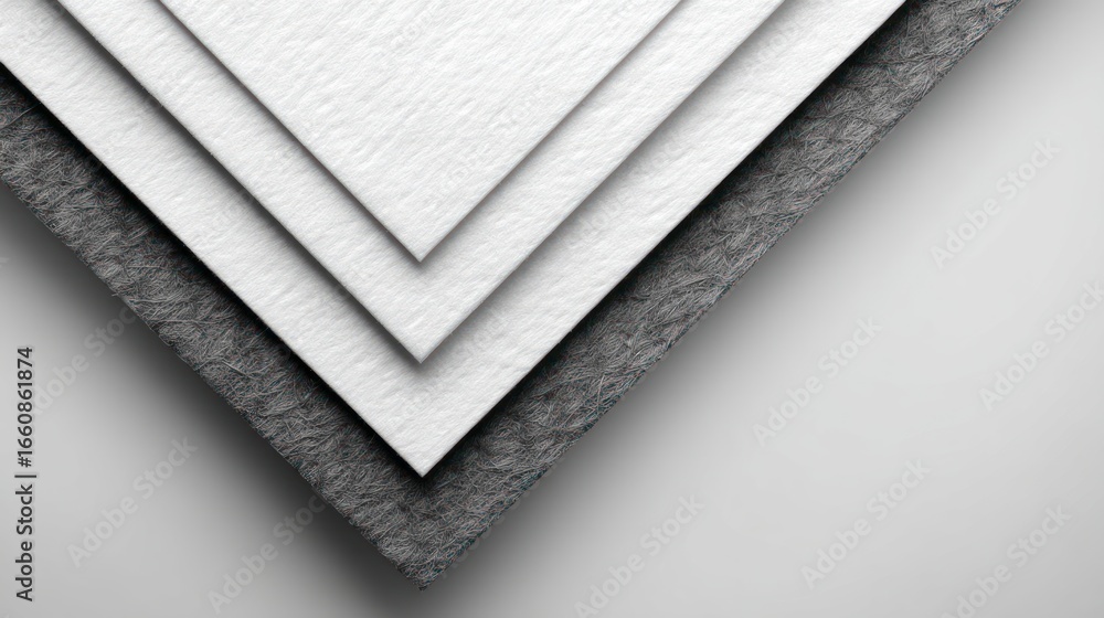 Poster stacked layers of textured white and grey fabric material with clean edges and soft shadows