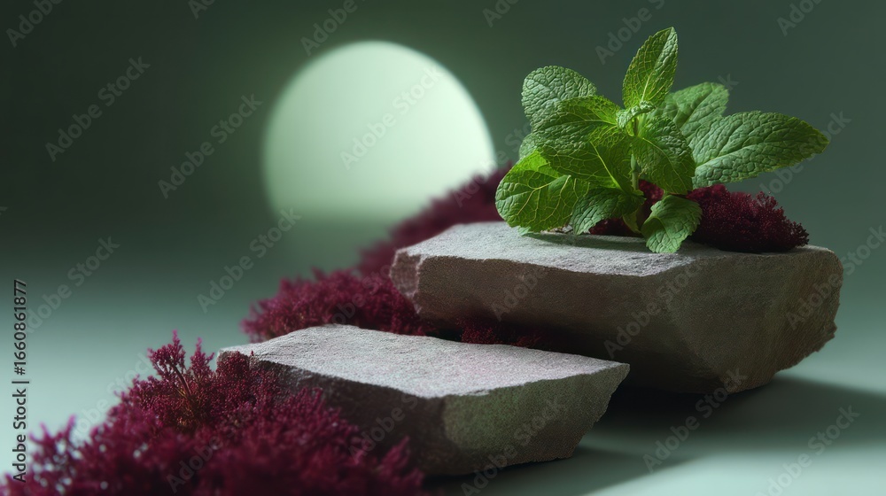 Poster two natural stone platforms with fresh mint and deep red foliage against a soft gradient background