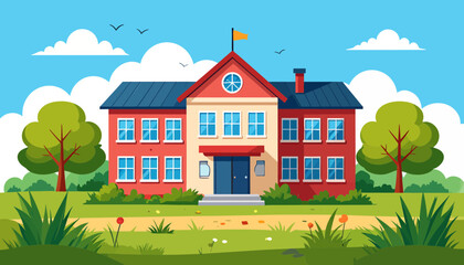 Naklejka premium A colorful cartoon illustration of a school building.