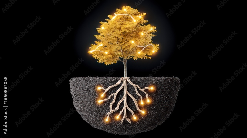Poster glowing yellow tree with illuminated roots and branches set against a dark background
