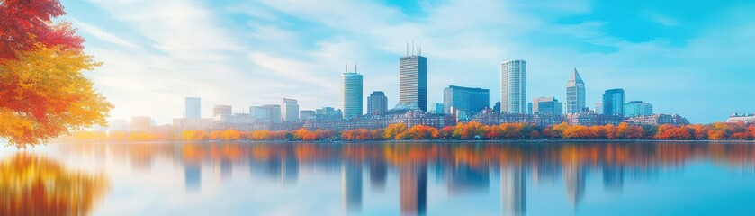 Obraz premium Scenic city skyline view du sunrise with modern buildings across a calm lake and vibrant autumn trees in the foreground, peaceful urban landscape scene