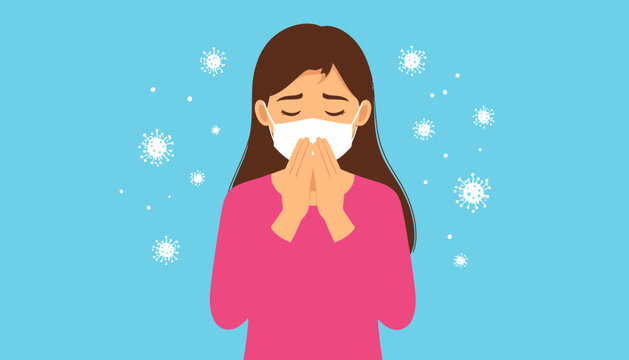 Woman wearing face mask sneezing.