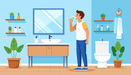 Fototapeta premium Man brushing teeth in bathroom interior.