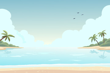 Fototapeta premium A serene tropical beach scene with palm trees and calm ocean water