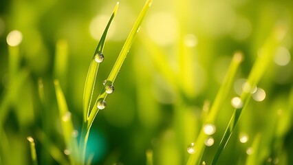 Morning dew glistens on tender grass blades, capturing the freshness of a spring day.