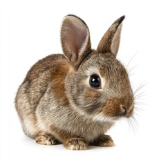 Fototapeta premium Small brown rabbit, alert, front view, isolated white background