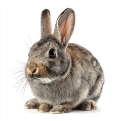 Fototapeta premium Small gray and brown rabbit, alert expression, front view