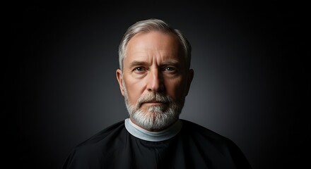 Obraz premium Mature Man Portrait Ready for Haircut Against Dark Background