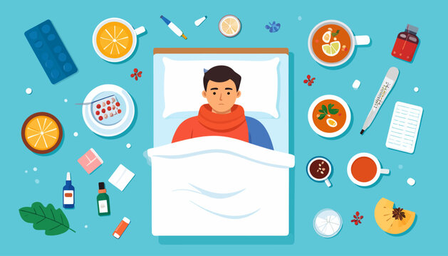 Illustration of a man in bed surrounded by food and drink items.