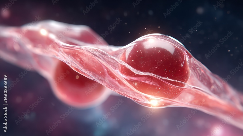 Poster microscopic view of cellular structures with red spherical particles within a transparent membrane