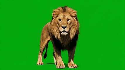 Majestic lion portrait against green screen background for easy compositing