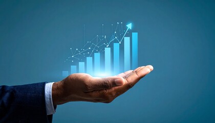 3D line chart expanding from above man's hand
