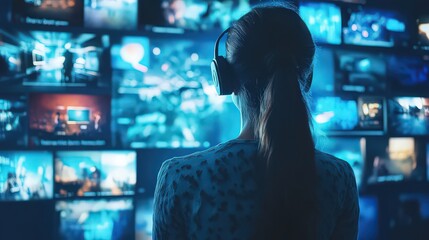 Woman with headphones watching multiple screens in a dark blue lit control room environment setting