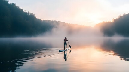 Person paddleboarding on calm lake at sunrise, mist rising from water, peaceful outdoor scene