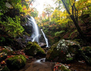 Waterfall cascading through autumnal forest