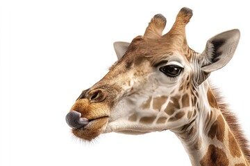 Fototapeta premium Close-up of a giraffe's head and neck, displaying a visible tongue