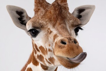 Naklejka premium Close-up of a giraffe's head and neck, with a visible tongue
