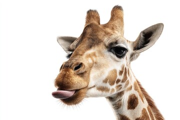 Close-up of a giraffe's head and neck, tongue out (1)
