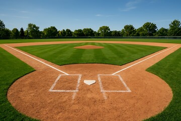 An empty baseball field glistens in the sun with manicured grass and clear blue sky above.