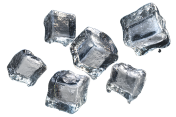   Dynamic Flying Ice Cubes with Splash Effects, Angled Perspective, Isolated on Transparent Background