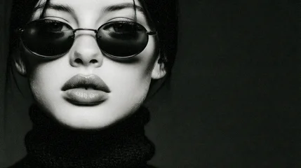 Close up of a young woman wearing oval sunglasses and a black turtleneck © BOJOShop