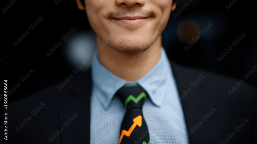 Poster close up of a smiling man wearing a suit and a tie with an upward financial graph pattern