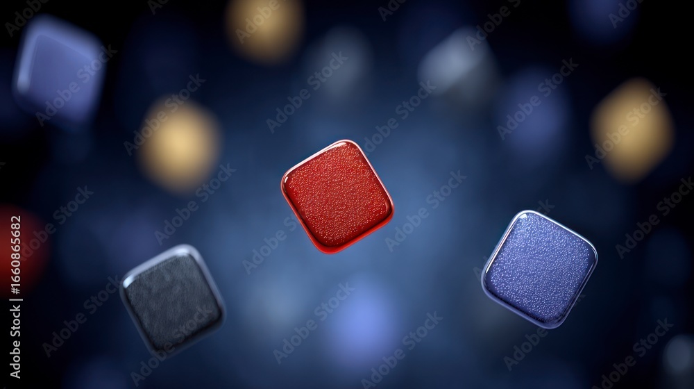 Poster three textured square objects red blue and grey floating with blurred circular lights