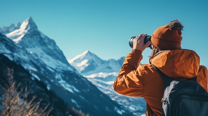 Person holding binoculars looking at distant mountains, adventure theme, clear blue sky