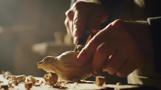 Close-up of Hands Carving Wooden Bird, Craftsmanship, Artisan, Woodworking, Detail, Skill