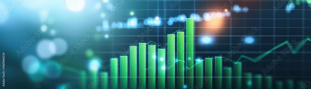 Poster dynamic green and blue digital financial growth chart with rising bar graph and line chart represent