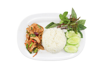 Thai Basil Chicken with Rice: A delicious plate of spicy Thai basil chicken served with fluffy white rice and fresh cucumber slices.