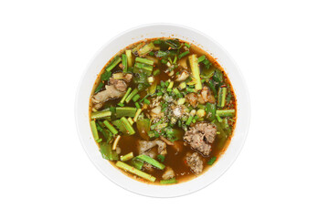 Flavorful Thai Soup: A steaming bowl of Thai soup, bursting with aromatic herbs and tender morsels of meat. This culinary delight is a feast for the senses, inviting you to savor its exquisite tastes.