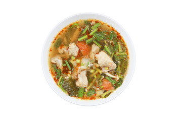 Savory Delight: A vibrant overhead shot presents a steaming bowl of flavorful soup, filled with fresh ingredients, a visual feast for any food lover.