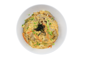 Oyakodon Dish: A close-up, overhead shot captures the culinary perfection of oyakodon, a traditional Japanese rice bowl featuring tender chicken, egg, and a symphony of fresh, colorful ingredients.