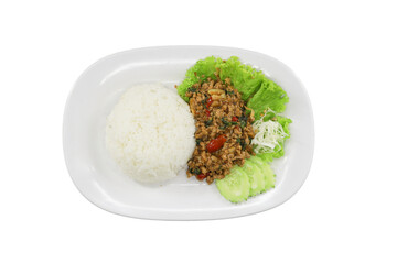 Savory Meal on a Plate: A beautifully arranged plate showcases a portion of fluffy rice accompanied by a flavorful meat dish, garnished with fresh lettuce and cucumber slices.