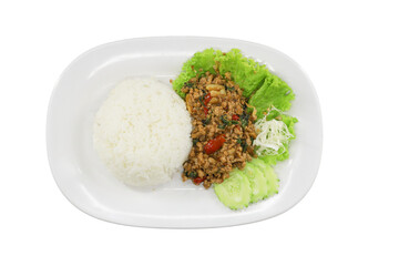 Delicious Thai Basil Chicken and Rice: A plate of aromatic Thai basil chicken, served with fluffy jasmine rice and fresh vegetables, ready to satisfy your hunger. 