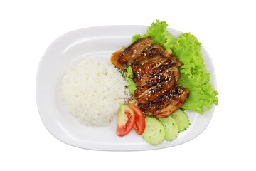 Grilled Chicken with Rice: A culinary masterpiece presents a vibrant plate, showcasing glistening grilled chicken, a mound of fluffy rice, and a medley of fresh, colorful garnishes.