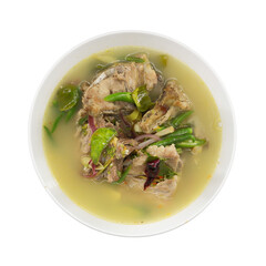 Aromatic Fish Soup: A vibrant top-down view showcases a delectable fish soup, simmered in a light, flavorful broth, brimming with fresh ingredients and culinary excellence. 