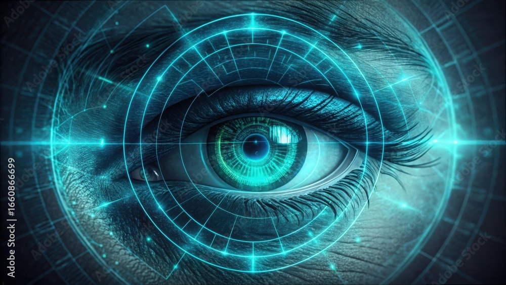 Poster digital eye interface with layers and geometric patterns in close-up