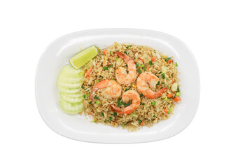 Savory Seafood Fried Rice: A close-up shot showcases a beautifully plated dish of savory seafood fried rice, garnished with fresh lime and cucumber.