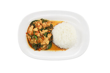 Exquisite Thai basil chicken with rice: A tantalizing glimpse of a classic Thai culinary masterpiece, featuring fragrant basil chicken accompanied by a generous serving of fluffy rice.