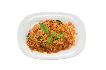 Delicious Pasta Dish with Basil: An overhead view showcases a mouthwatering pasta creation, featuring spaghetti with a rich tomato sauce and fresh basil leaves.