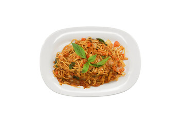 Delicious Pasta Dish: A vibrant photo of a tasty pasta dish with fresh basil leaves, and is artistically served on a pristine plate, offers a tempting view of a culinary creation.