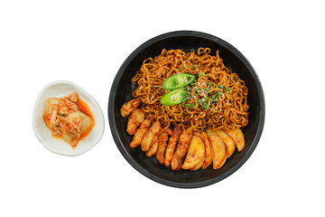 Asian noodle bowl: A visually captivating overhead shot displays a delectable plate of vibrant Asian noodles, nestled invitingly with a side of flavorful, fresh accompaniments. This inviting.